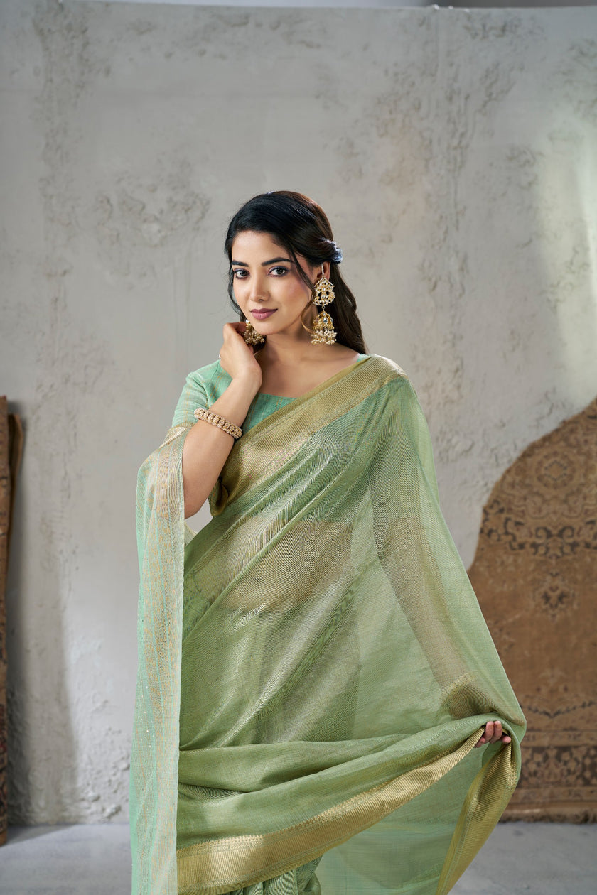 Mint Green Banarasi Silk Saree with Golden Zari Border
