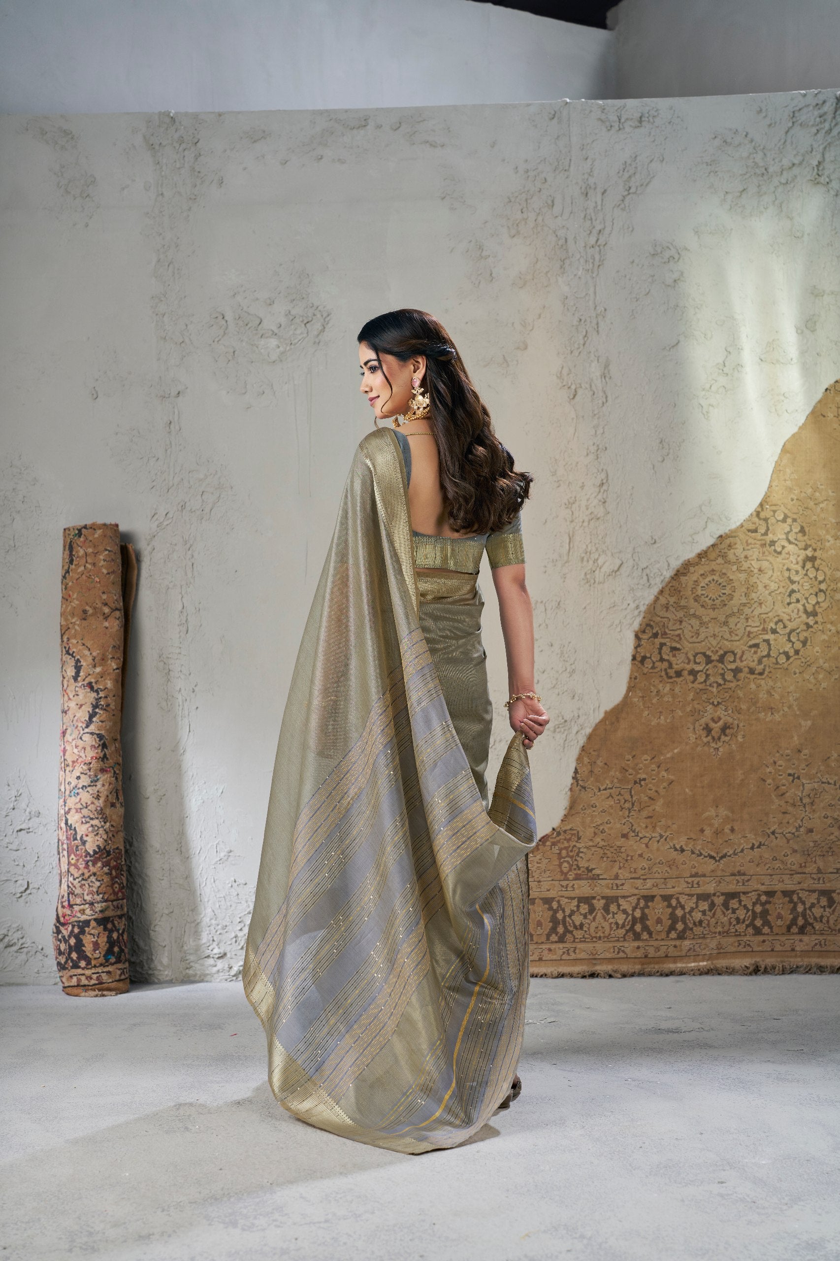 Olive Grey Banarasi Silk Saree with Antique Gold Zari Border