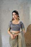 Olive Grey Banarasi Silk Saree with Antique Gold Zari Border