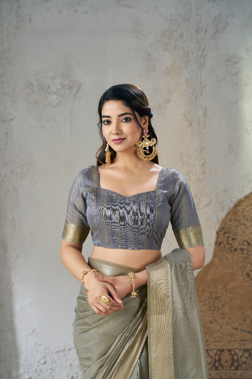 Olive Grey Banarasi Silk Saree with Antique Gold Zari Border