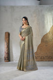 Olive Grey Banarasi Silk Saree with Antique Gold Zari Border