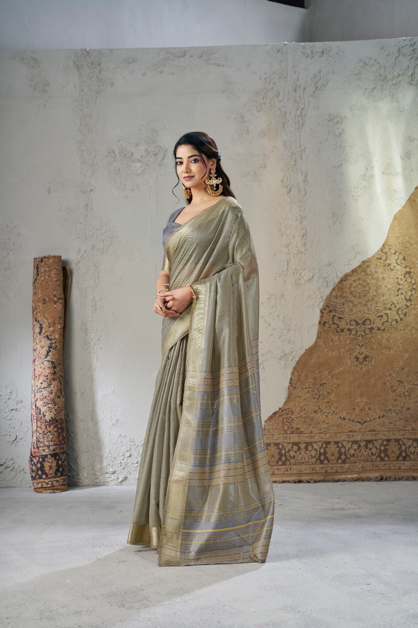 Olive Grey Banarasi Silk Saree with Antique Gold Zari Border