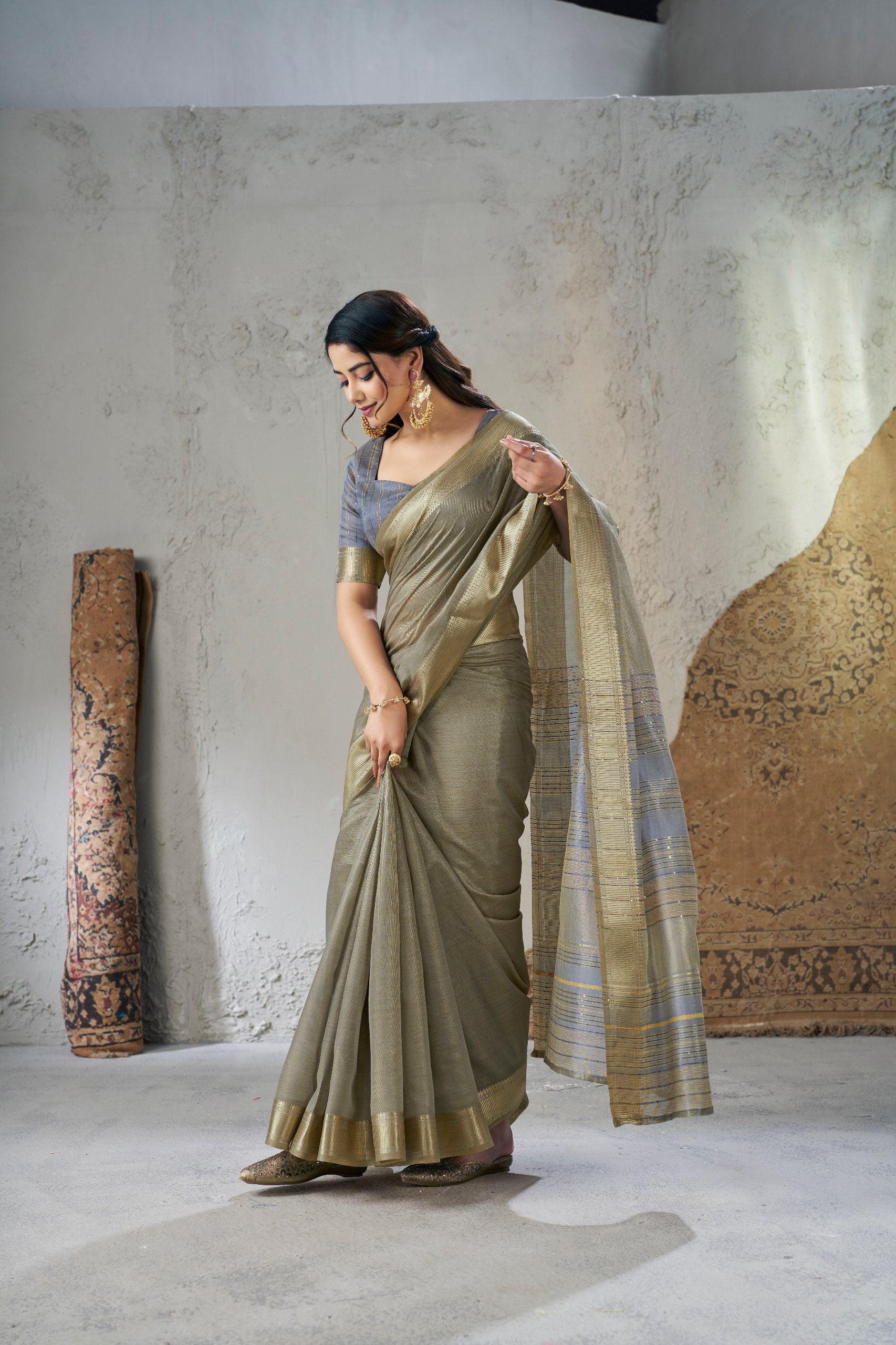Olive Grey Banarasi Silk Saree with Antique Gold Zari Border