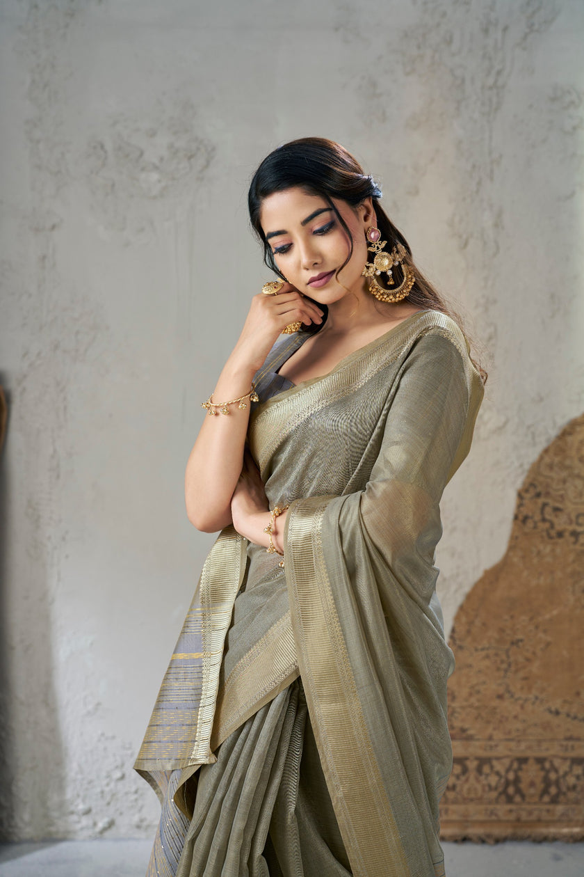 Olive Grey Banarasi Silk Saree with Antique Gold Zari Border