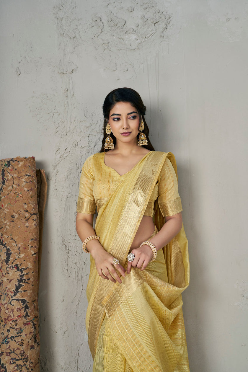 Golden Mustard Banarasi Silk Saree with Rich Zari Elegance