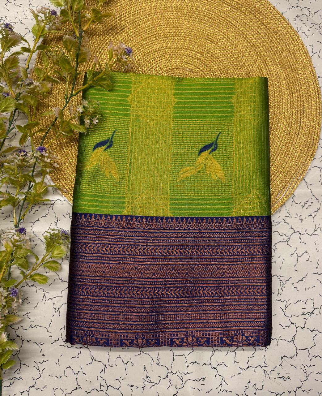 Elegant Green Banarasi Silk Saree with Navy Blue Zari Border & Leaf Motifs