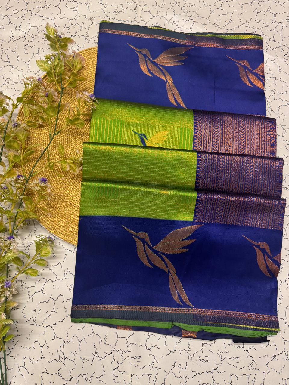 Elegant Green Banarasi Silk Saree with Navy Blue Zari Border & Leaf Motifs