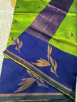 Elegant Green Banarasi Silk Saree with Navy Blue Zari Border & Leaf Motifs