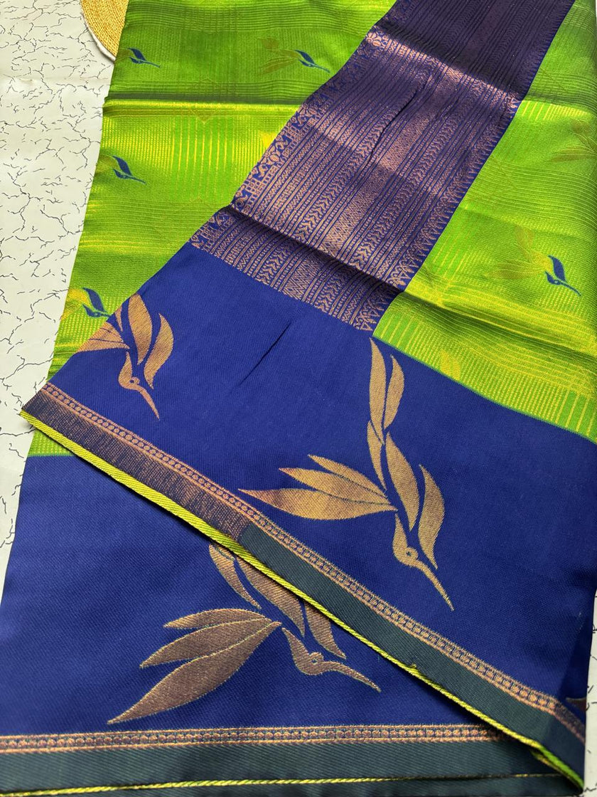 Elegant Green Banarasi Silk Saree with Navy Blue Zari Border & Leaf Motifs