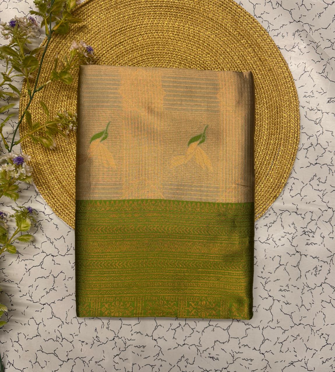 Elegant Beige & Olive Green Banarasi Silk Saree with Leaf Motifs
