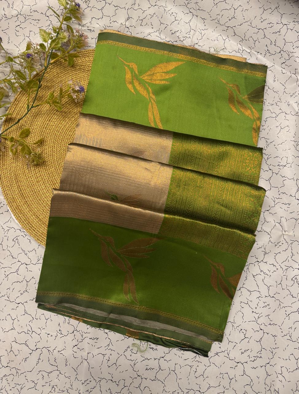 Elegant Beige & Olive Green Banarasi Silk Saree with Leaf Motifs