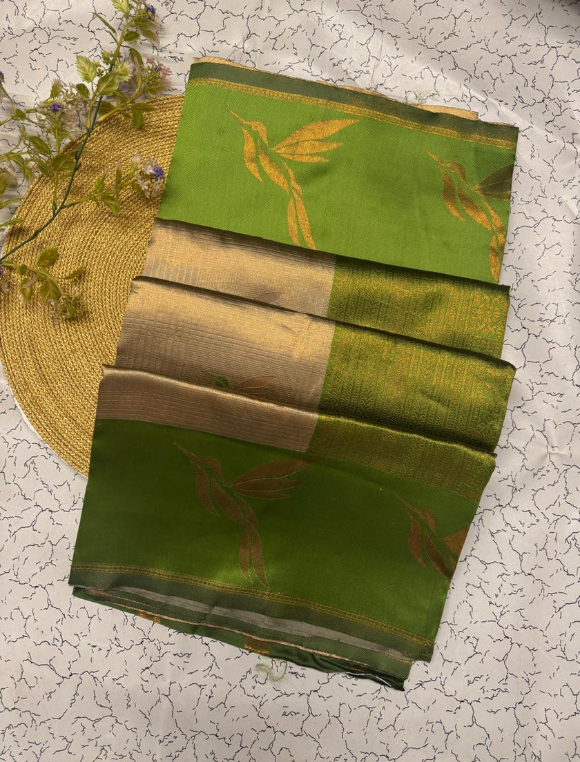 Elegant Beige & Olive Green Banarasi Silk Saree with Leaf Motifs