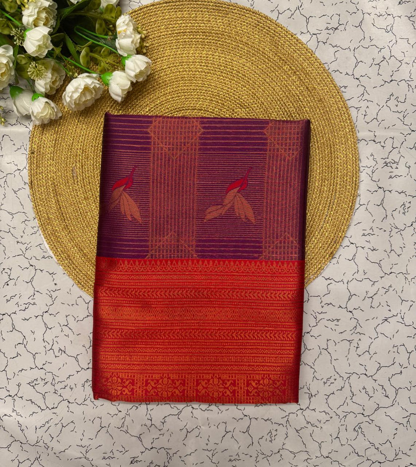 Elegant Wine Banarasi Silk Saree with Red Zari Border & Leaf Motifs