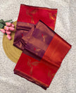 Elegant Wine Banarasi Silk Saree with Red Zari Border & Leaf Motifs