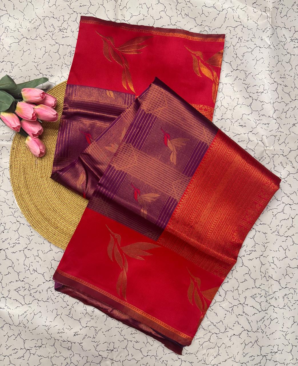 Elegant Wine Banarasi Silk Saree with Red Zari Border & Leaf Motifs