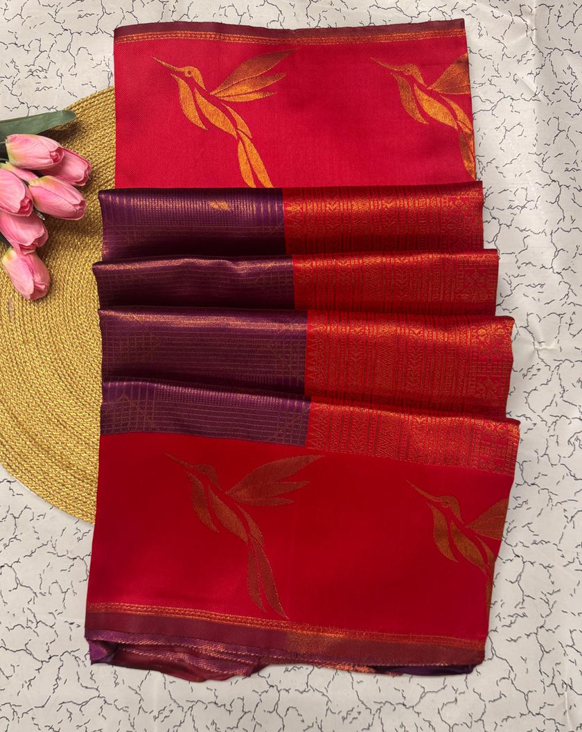 Elegant Wine Banarasi Silk Saree with Red Zari Border & Leaf Motifs