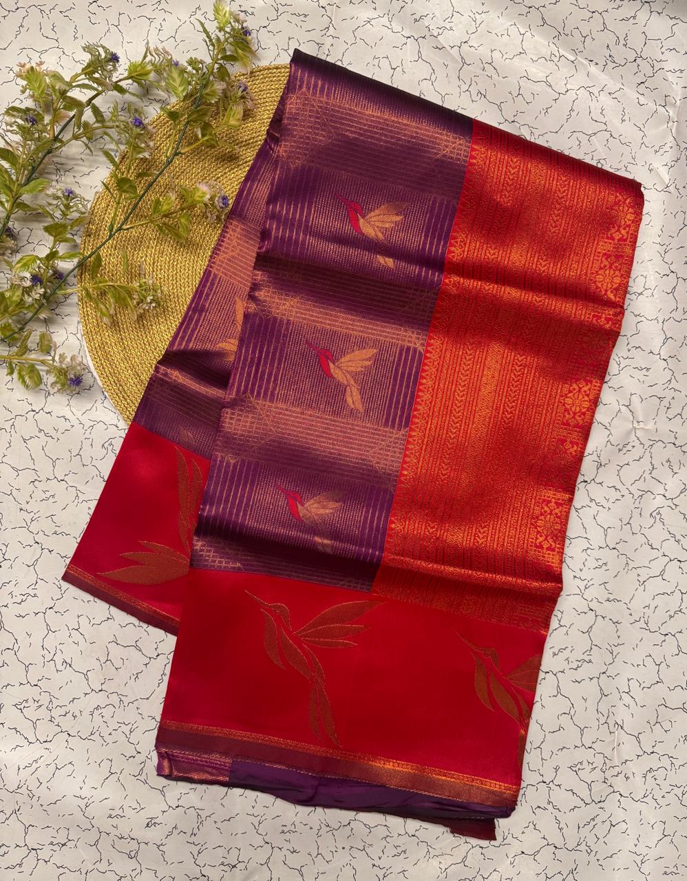 Elegant Wine Banarasi Silk Saree with Red Zari Border & Leaf Motifs