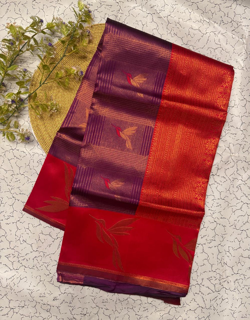 Elegant Wine Banarasi Silk Saree with Red Zari Border & Leaf Motifs