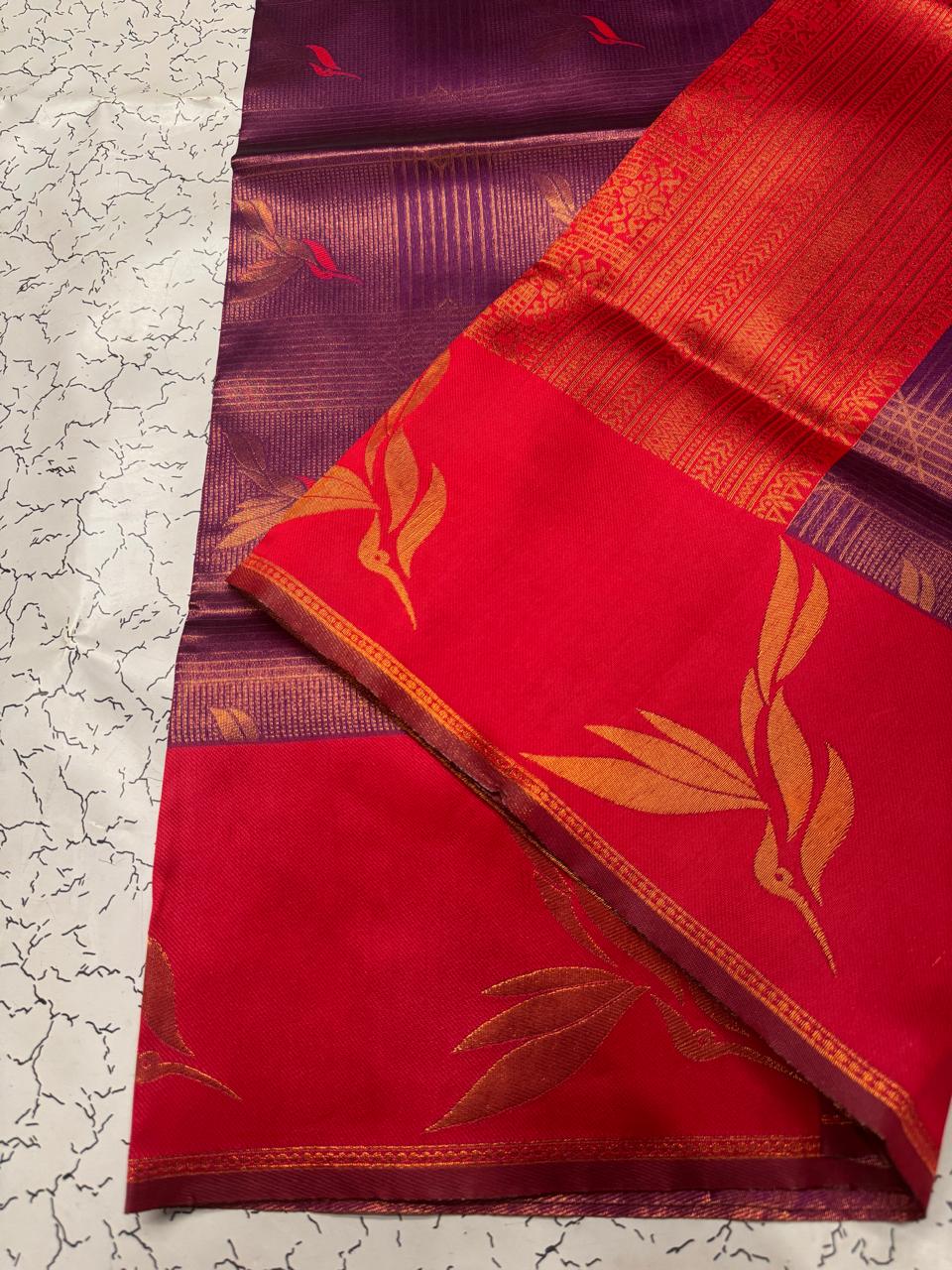 Elegant Wine Banarasi Silk Saree with Red Zari Border & Leaf Motifs