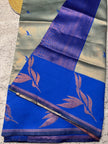 Elegant Mint Green Banarasi Silk Saree with Royal Blue Pallu & Floral Weave