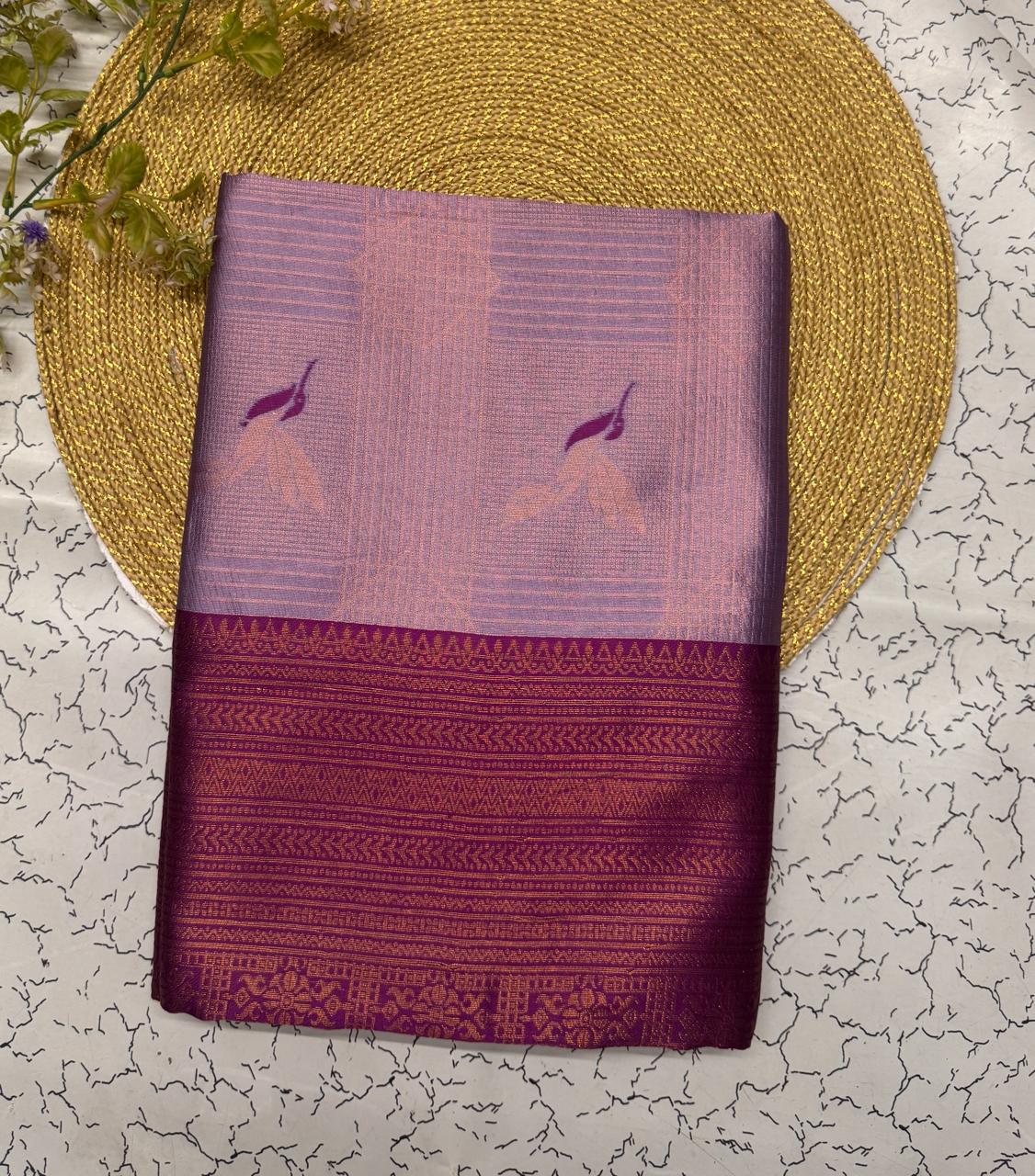 Elegant Purple Banarasi Silk Saree with Wine Pallu & Floral Woven Motifs