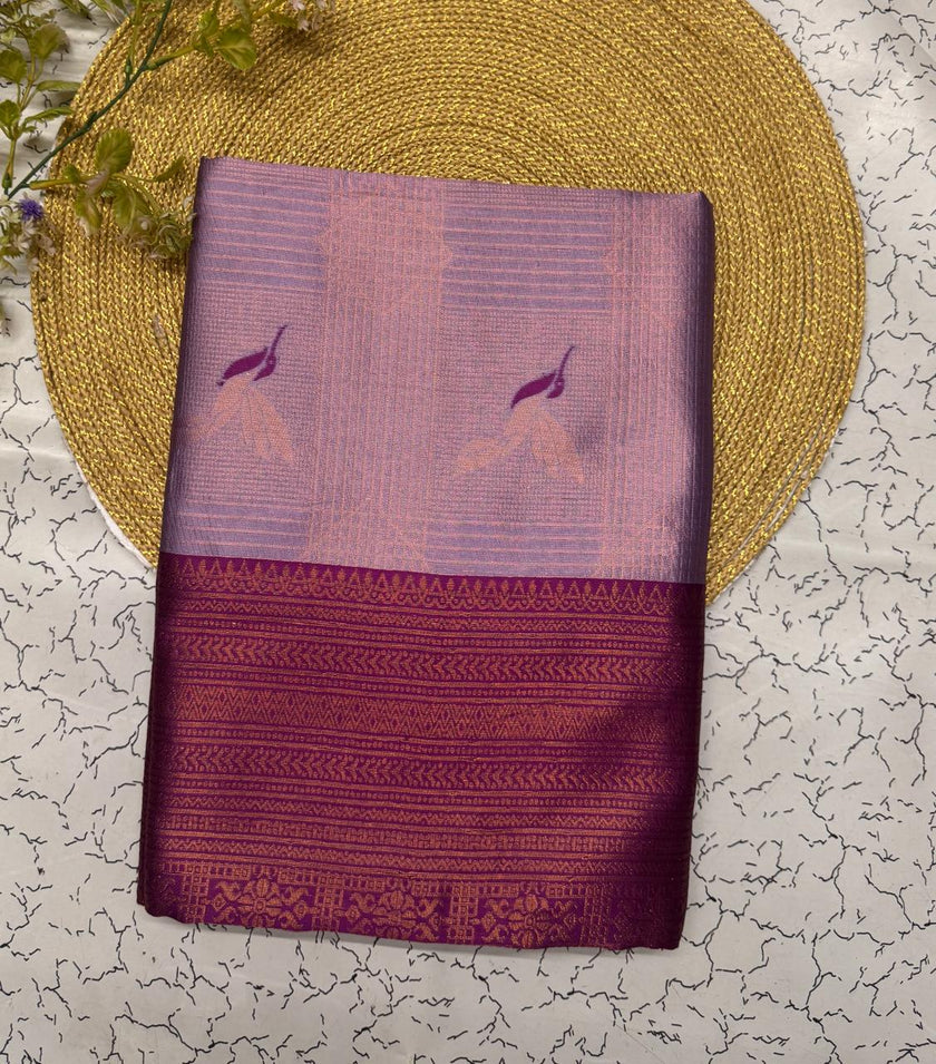 Elegant Purple Banarasi Silk Saree with Wine Pallu & Floral Woven Motifs