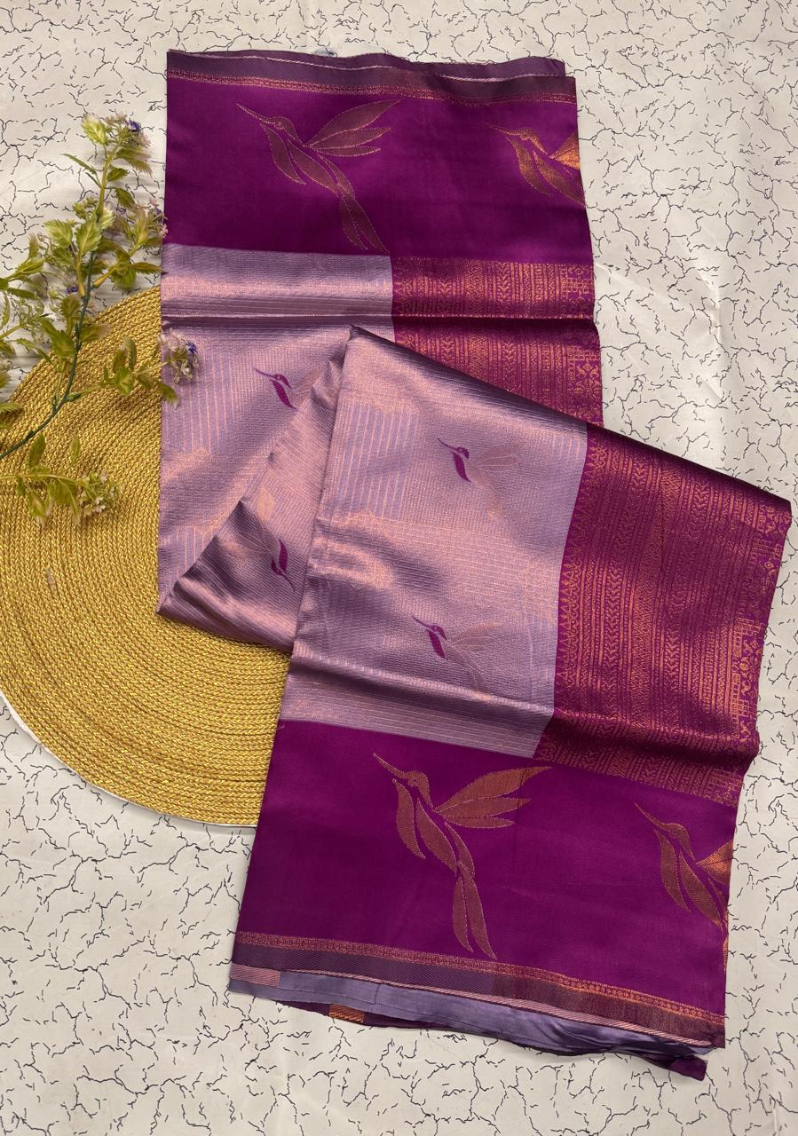 Elegant Purple Banarasi Silk Saree with Wine Pallu & Floral Woven Motifs