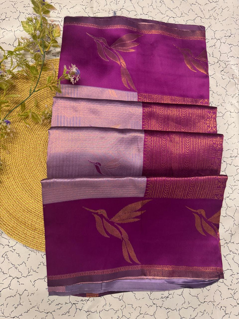 Elegant Purple Banarasi Silk Saree with Wine Pallu & Floral Woven Motifs