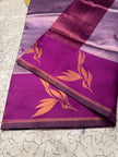 Elegant Purple Banarasi Silk Saree with Wine Pallu & Floral Woven Motifs