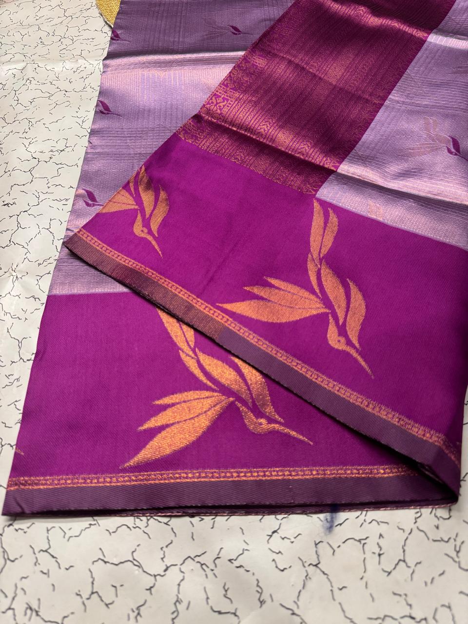Elegant Purple Banarasi Silk Saree with Wine Pallu & Floral Woven Motifs