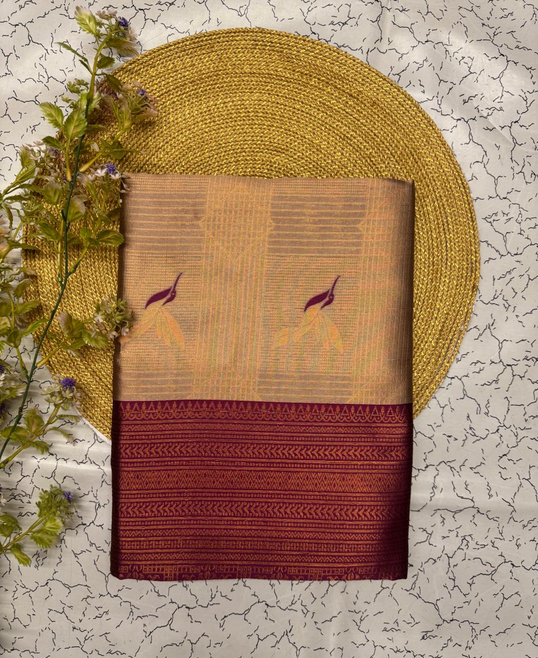 Elegant Beige & Wine Banarasi Silk Saree with Floral Zari Weave