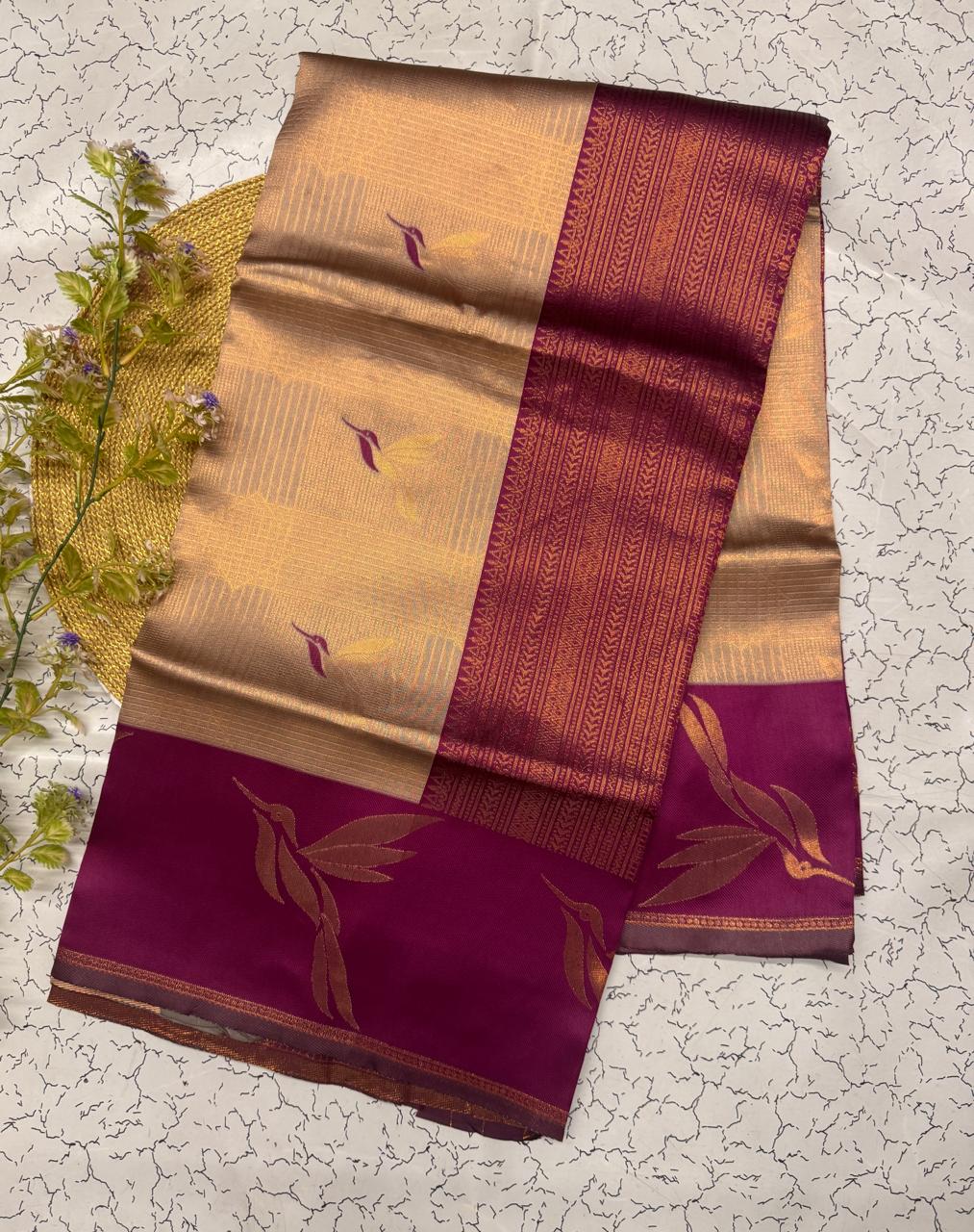 Elegant Beige & Wine Banarasi Silk Saree with Floral Zari Weave