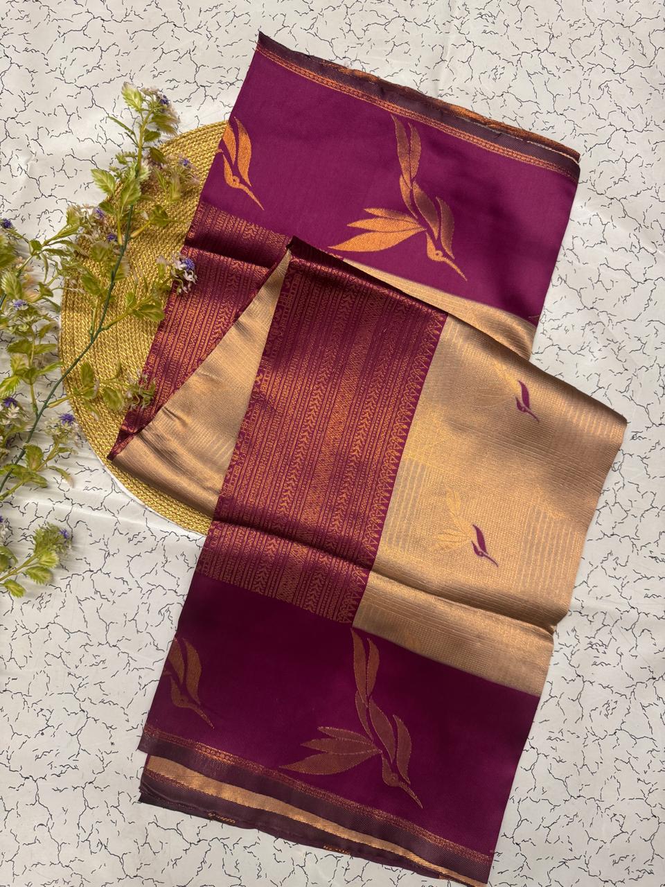 Elegant Beige & Wine Banarasi Silk Saree with Floral Zari Weave