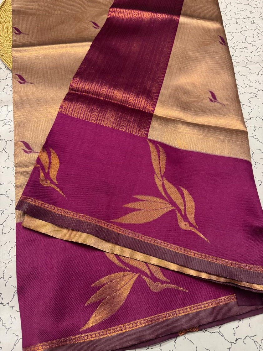Elegant Beige & Wine Banarasi Silk Saree with Floral Zari Weave