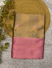 Elegant Beige Banarasi Silk Saree with Pink Pallu & Gold Woven Motifs