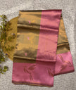 Elegant Beige Banarasi Silk Saree with Pink Pallu & Gold Woven Motifs