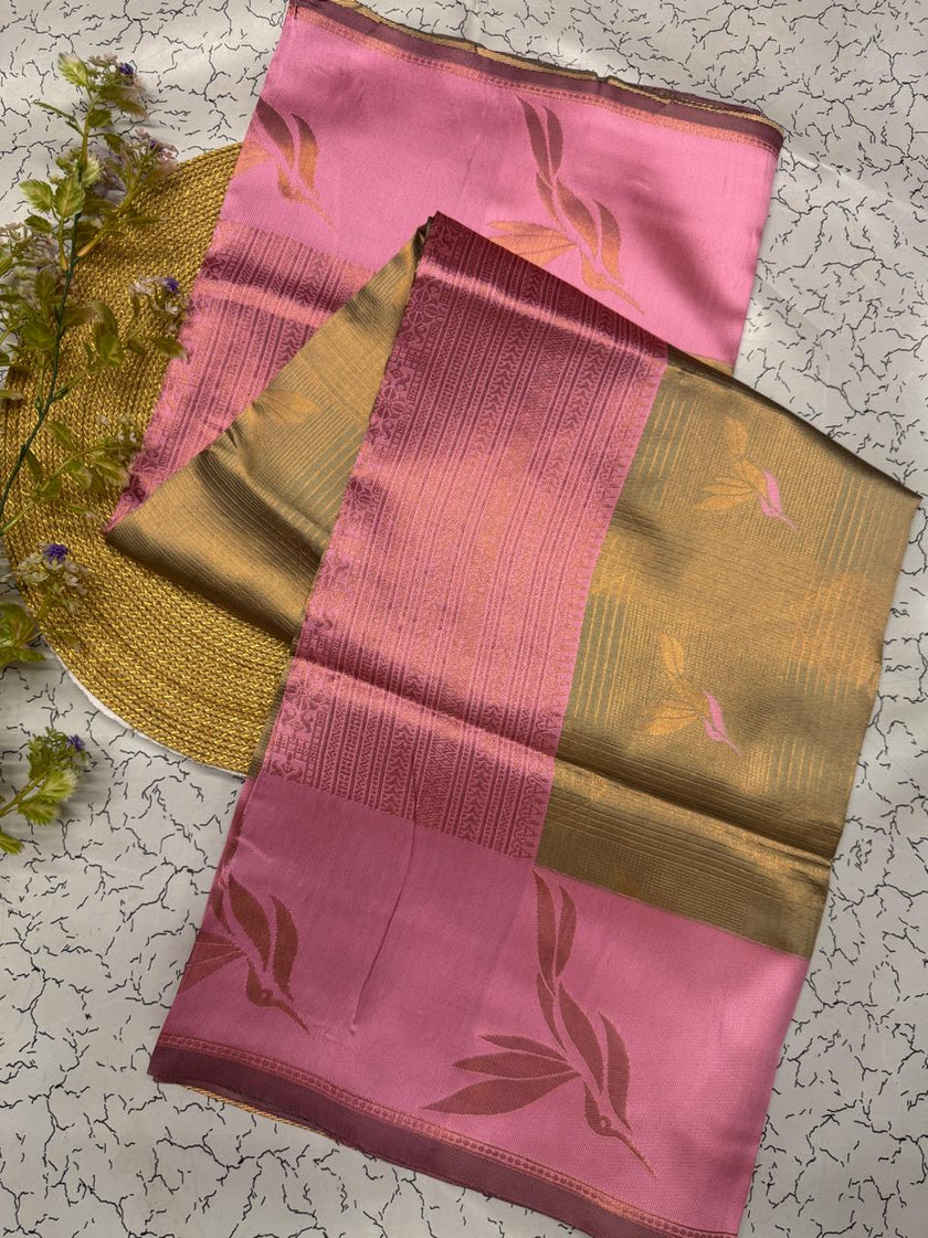 Elegant Beige Banarasi Silk Saree with Pink Pallu & Gold Woven Motifs
