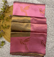 Elegant Beige Banarasi Silk Saree with Pink Pallu & Gold Woven Motifs