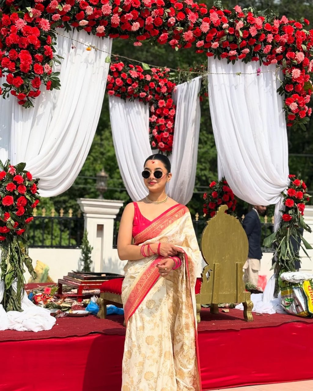 Elegant Ivory Silk Saree with Floral Zari Motifs & Red Woven Border