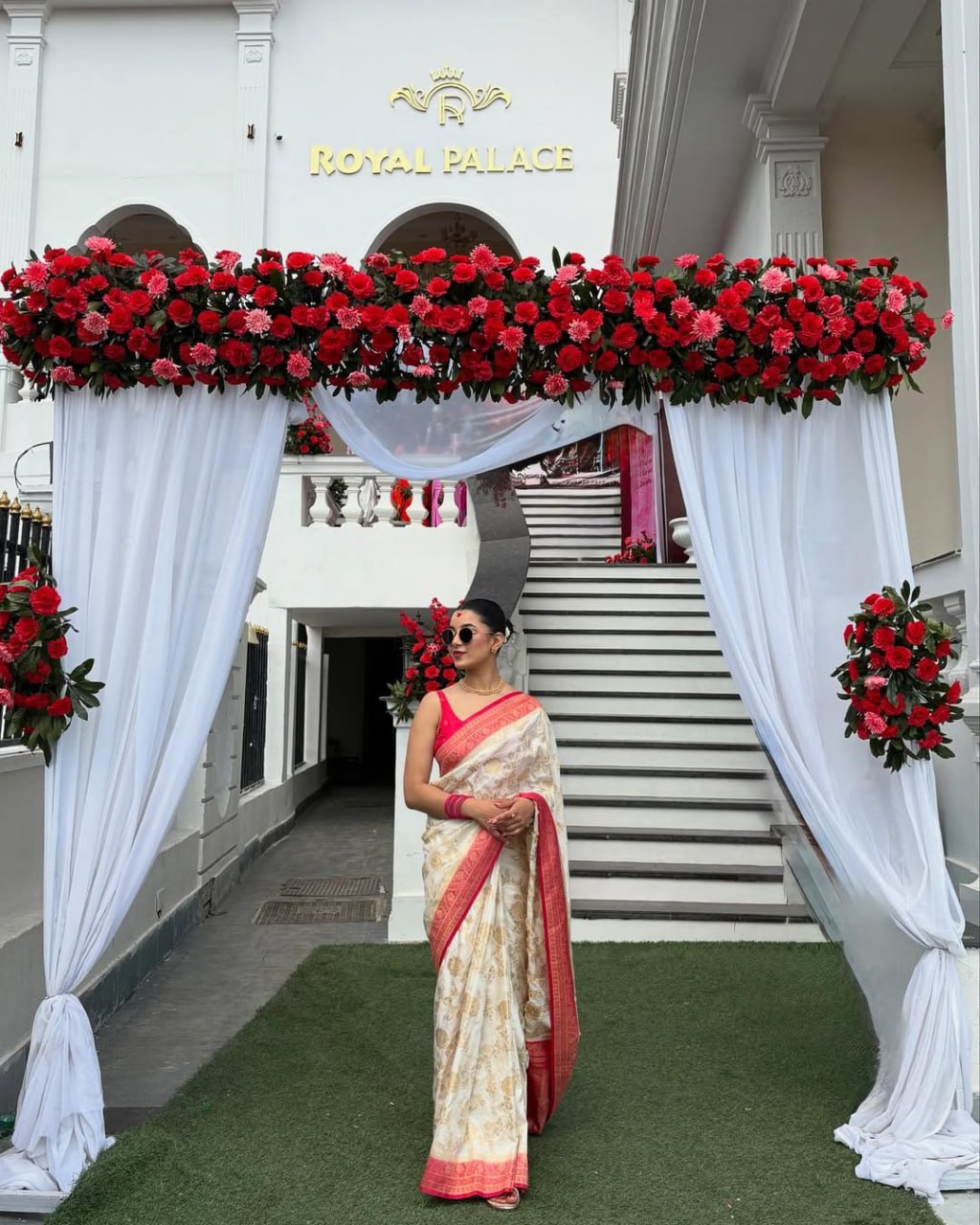 Elegant Ivory Silk Saree with Floral Zari Motifs & Red Woven Border