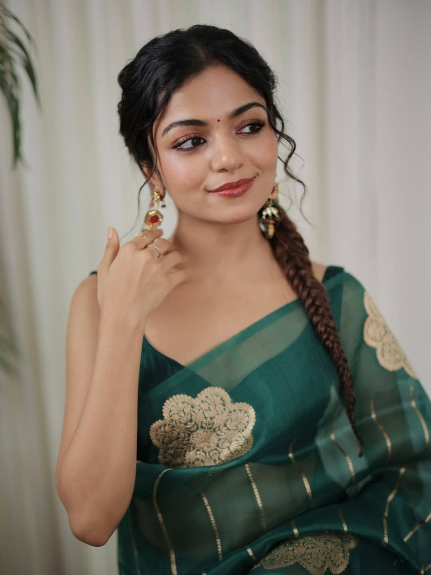 Elegant Teal Green Saree with Floral Motifs & Fine Gold Stripes