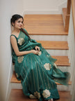 Elegant Teal Green Saree with Floral Motifs & Fine Gold Stripes