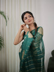 Elegant Teal Green Saree with Floral Motifs & Fine Gold Stripes