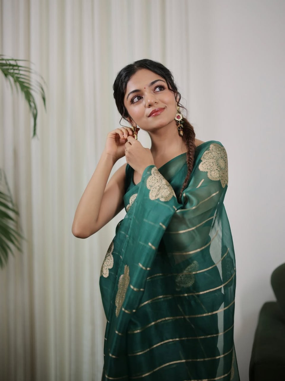 Elegant Teal Green Saree with Floral Motifs & Fine Gold Stripes