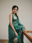 Elegant Teal Green Saree with Floral Motifs & Fine Gold Stripes