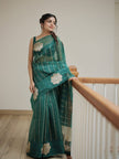 Elegant Teal Green Saree with Floral Motifs & Fine Gold Stripes