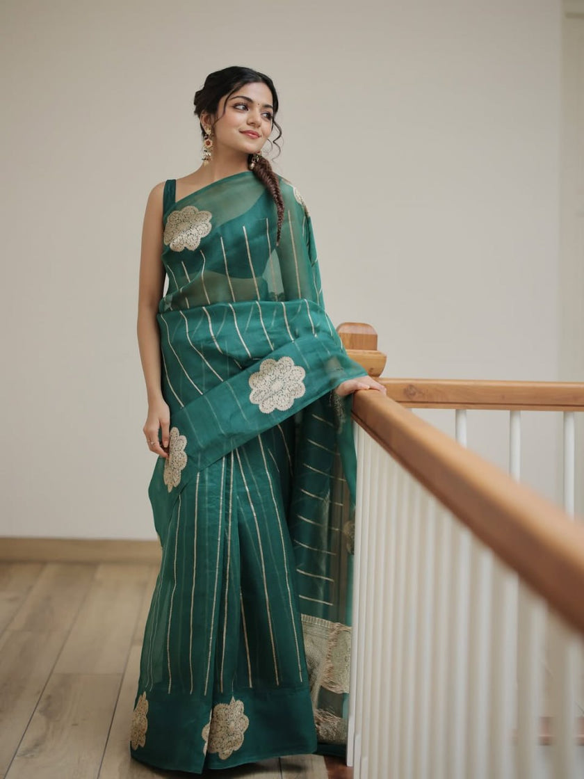 Elegant Teal Green Saree with Floral Motifs & Fine Gold Stripes