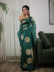 Elegant Teal Green Saree with Floral Motifs & Fine Gold Stripes