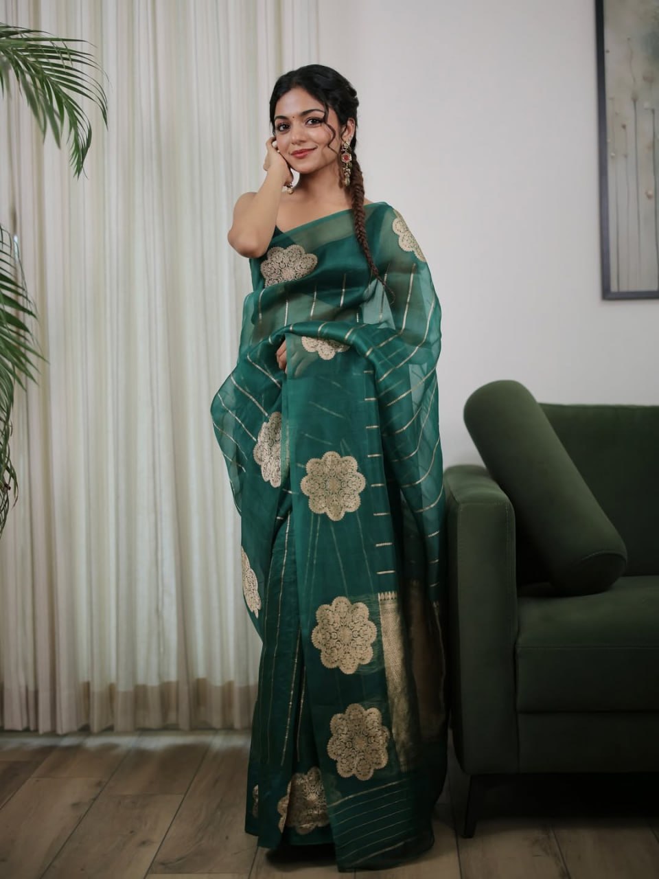 Elegant Teal Green Saree with Floral Motifs & Fine Gold Stripes