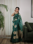 Elegant Teal Green Saree with Floral Motifs & Fine Gold Stripes